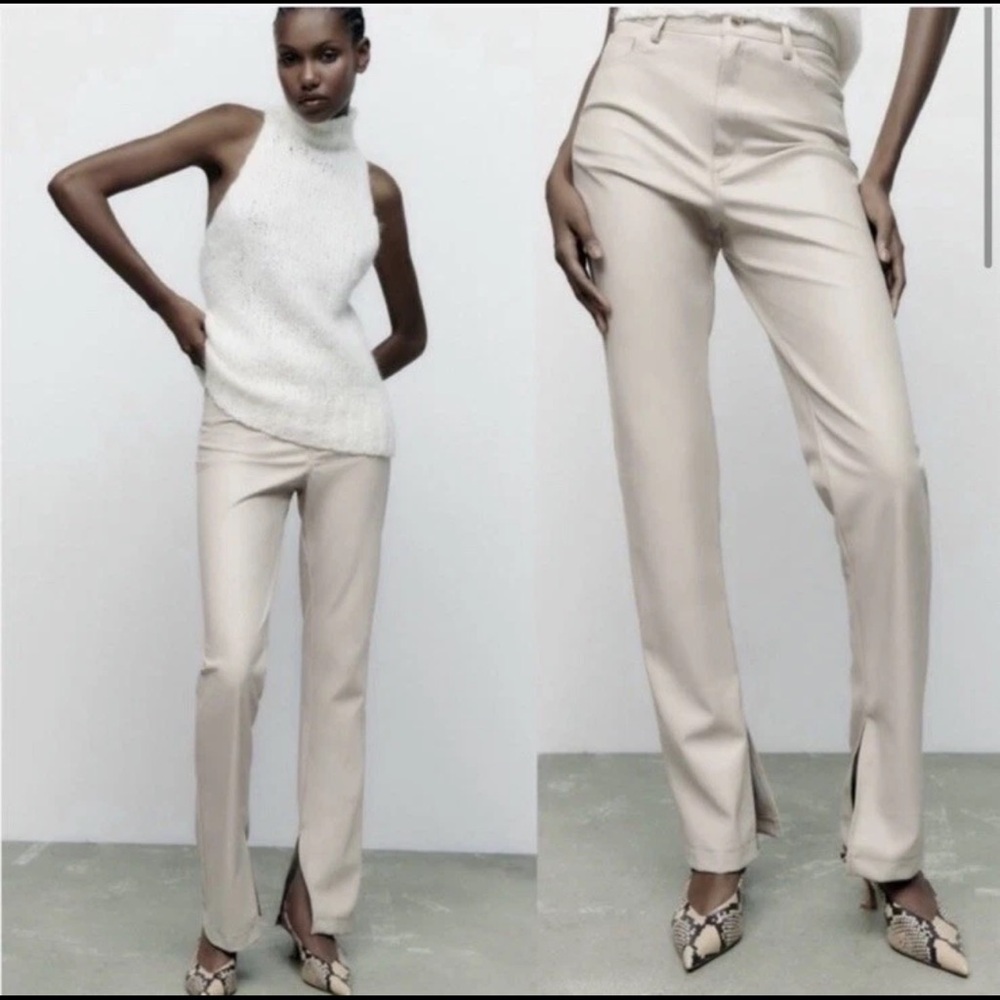 Zara Beige Faux Leather Pants 2 Slit Hem Flared Straight Leg High Rise Festival